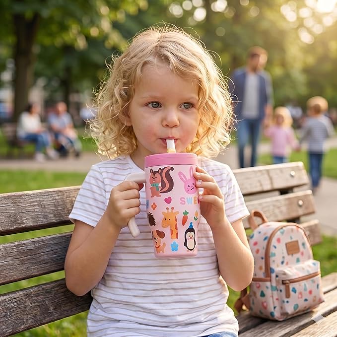Fijinhom 18 oz Toddler Tumbler with Handle, Stainless Steel Insulated Water Bottle Coffee Mug with Straw, Toddler Cups, Kids Water Bottle for School, Sports, Travel, Pet Pals