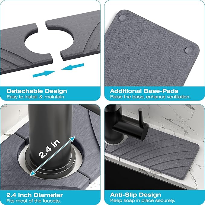 Stone Faucet Mat for Kitchen Sink - Fast Drying Diatomite Stone Drying Mat, Textured Drainage Sink Protector, Water Splash Guard with Base Pads for Bathroom Counter (15.7x4 in, Dark Gray)