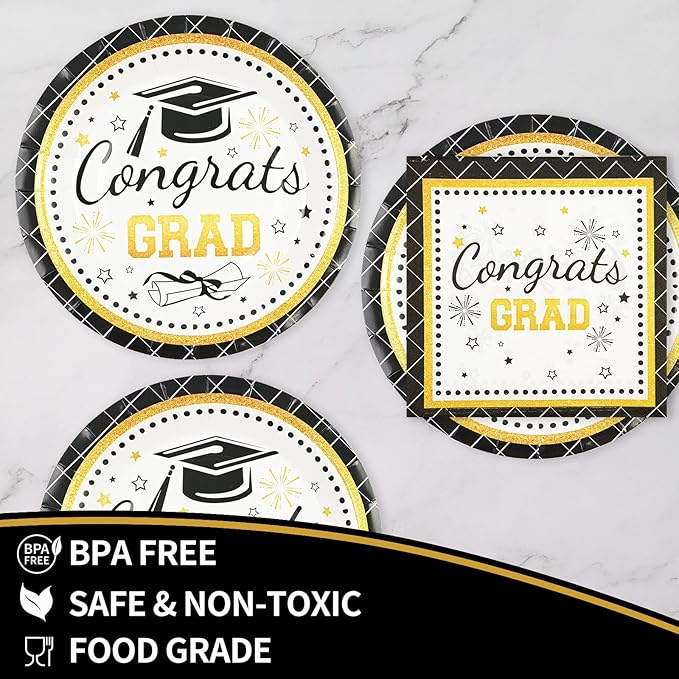 50PCS Graduation Plates Party Supplies, 7INCH Black and Gold Paper Plates and Napkins 2026 Graduations Party Decorations Disposable Tableware for College High School Congrats Grad Party Supplies