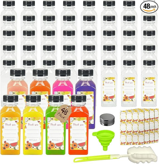 48 Pack 12oz Clear Reusable Plastic Juice Bottles with Caps, Food Grade BPA-Free Leak Proof Juicing Containers with 48 Labels & brush& Silicone Funnels for Homemade Juice, Smoothies & Travel