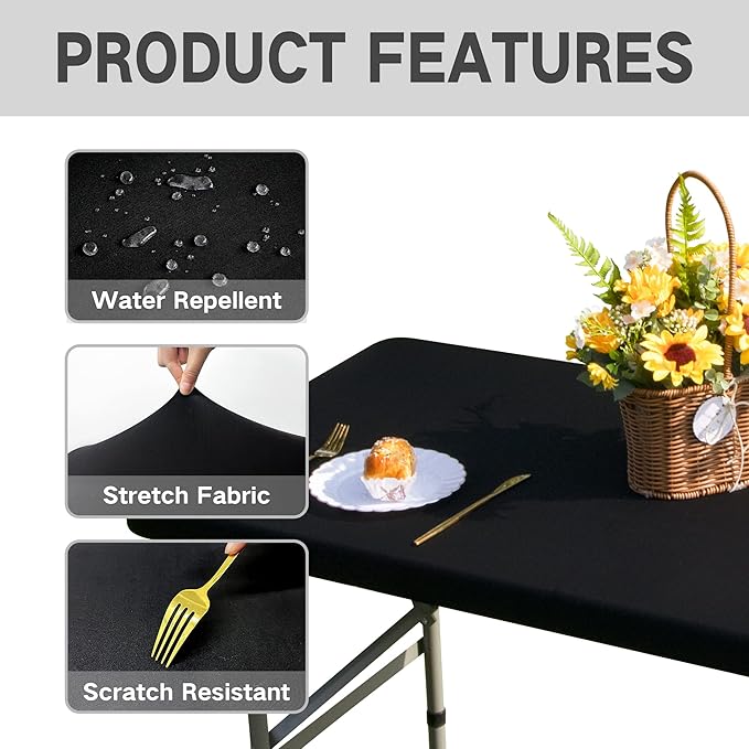 Rectangle 4ft Fitted Table Cover Elastic Tablecloth 4ft Stretch Spandex Table Top Cover for Dining Indoor Outdoor Party Black 23X48 Inch