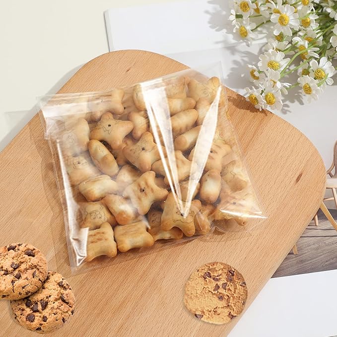 SUREHOME Cookie Bags with Seal 100 Pcs 4 x 4 In Clear Self Sealing Cellophane Bags for Cookie Packaging Small Treat Bag Self Adhesive Individual Cookie Wrappers Gift Giving Candy Baked Goods Sleeves