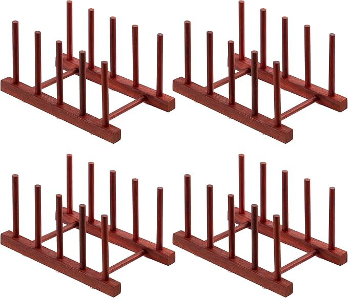 HBlife 4pcs Padauk Wooden Dish Drying Rack - Home and Kitchen Organizer for Cups, Bowls, Pots, Lids, Cutting Boards & Plates Space-Saving for Cabinets Counters (4 Slots)