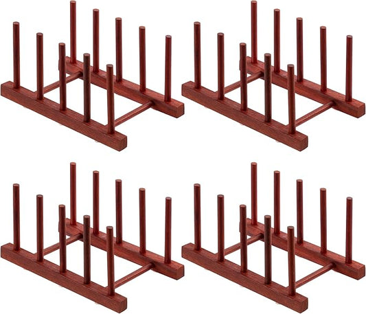 HBlife 4pcs Padauk Wooden Dish Drying Rack - Home and Kitchen Organizer for Cups, Bowls, Pots, Lids, Cutting Boards & Plates Space-Saving for Cabinets Counters (4 Slots)