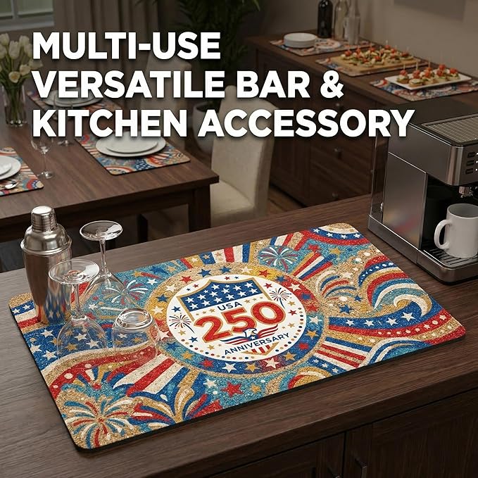 250th Anniversary USA Patriotic Dish Drying Mat 12x20 Absorbent Non-Slip Kitchen Bar Mat, Bold Eagle American Flag Stars Fireworks Freedom Decor for Memorial Day, 4th of July & USA 250 Celebration
