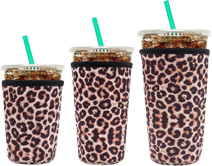 YR Reusable Neoprene Insulator Sleeve for Iced Coffee Cups, 3 Pack Coffee Coolies sleeves for Iced & Hot Drinks, Cold Beverage Cooler Compatible with Starbucks Coffee and More (Leopard)