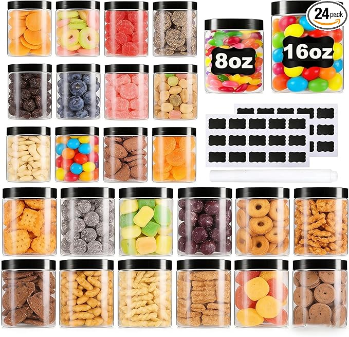 Large & Small Plastic Jars Combo (24 Pack) 12 Large 16 oz & 12 Small 8 oz Leak-Proof Clear Containers with Lids, Mason Jars, Perfect for Storing Spices, Cookie, Candy, and Dry Food, Empty Jars