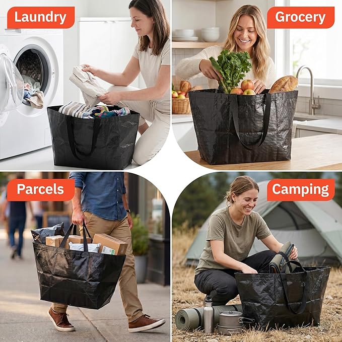 DURASACK Haul-It-All Extra-Large Reusable Shopping Bag – Heavy Duty Open-Top Tote with Handles, 18-Gallon Capacity, Black, Pack of 4