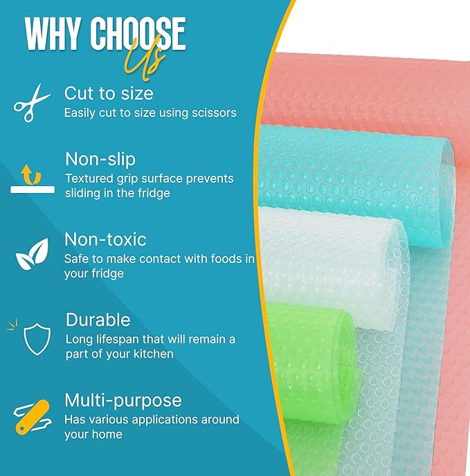 Refrigerator Liners for Shelves (12 Pack) by Linda’s Essentials - Non-Adhesive Shelf or Drawer Liner, BPA-Free Fridge Mats for Kitchen & Cabinets, Easy to Clean, Ideal Household Essentials(MultiColor)