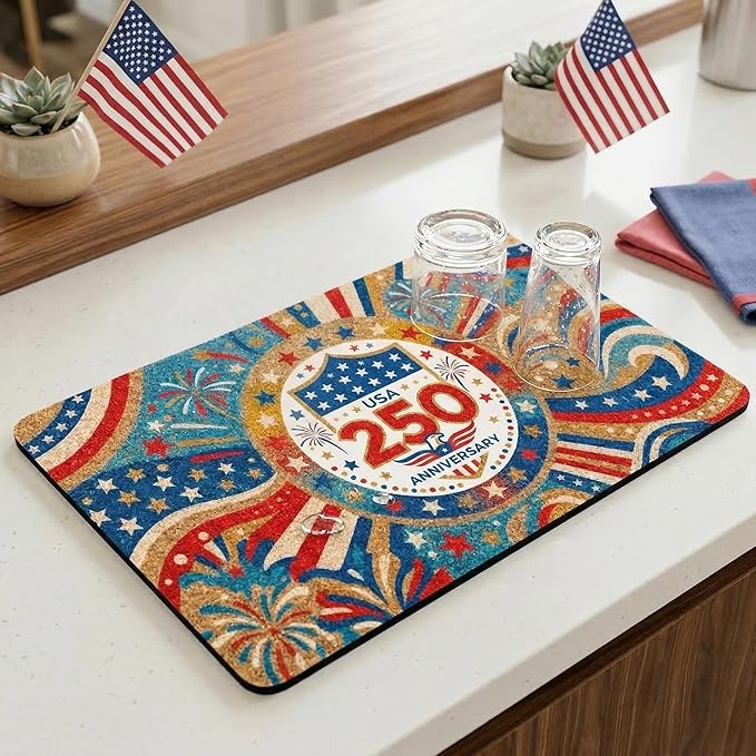 250th Anniversary USA Patriotic Dish Drying Mat 12x20 Absorbent Non-Slip Kitchen Bar Mat, Bold Eagle American Flag Stars Fireworks Freedom Decor for Memorial Day, 4th of July & USA 250 Celebration