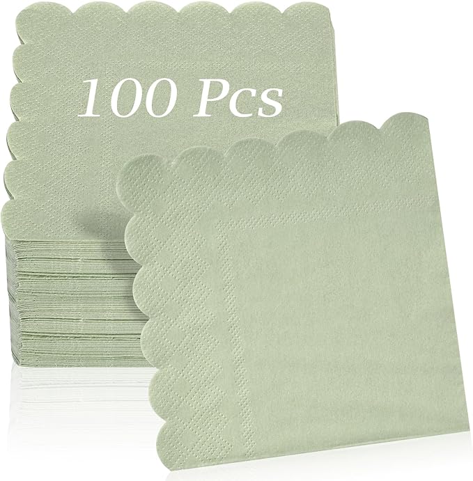 100 Pcs Cocktail Napkins, 2-Ply 5 x 5 Inches Disposable Scalloped Napkins, Thick Premium Dessert Napkins for Party, Wedding, Dinner, Birthday, Anniversary, Festival (Sage Green)