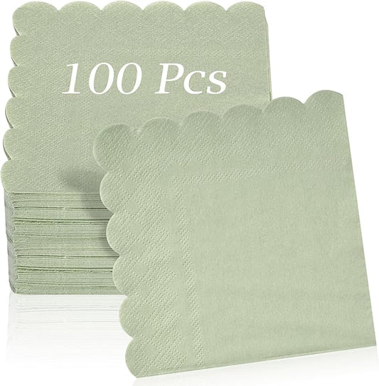 100 Pcs Cocktail Napkins, 2-Ply 5 x 5 Inches Disposable Scalloped Napkins, Thick Premium Dessert Napkins for Party, Wedding, Dinner, Birthday, Anniversary, Festival (Sage Green)