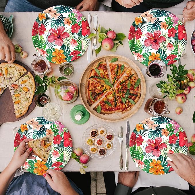 50PCS Hawaiian Luau Paper Plates and Napkins Party Decorations, 7inch Disposable Tropical Dessert Plates Summer Napkins Palm Leaves Hibiscus Tableware Set Aloha Party Supplies for Hawaii Summer