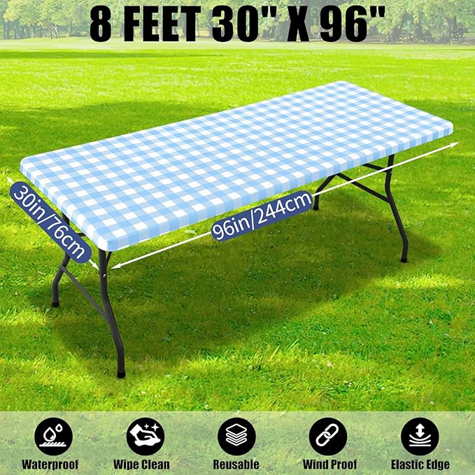 Smiry Picnic Table Cloth 2 Pack, Waterproof Elastic Fitted Tablecloths for 8FT Rectangle Tables, Washable Polyester Buffalo Plaid Tablecloth for Camping & Outdoor (Light Blue & White, 30" x 96")