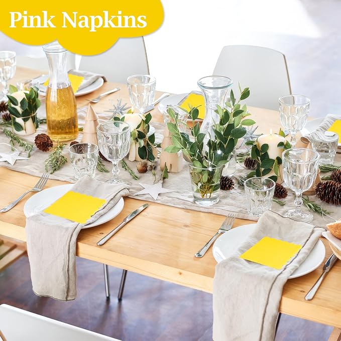 100 Pcs Cocktail Napkins, 2-Ply 5 x 5 Inches Disposable Scalloped Napkins, Thick Premium Dessert Napkins for Party, Wedding, Dinner, Birthday, Anniversary, Festival (Yellow)