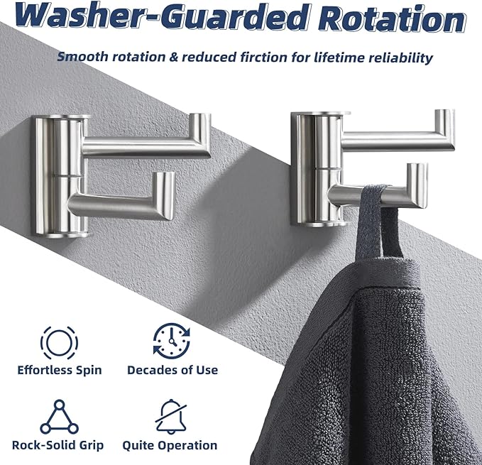 APLusee 2 Pack Swivel Coat Hooks Brushed Nickel, 304 Stainless Steel Foldable Bathroom Towel Hooks with 2 Rotating Arms, Wall Mounted