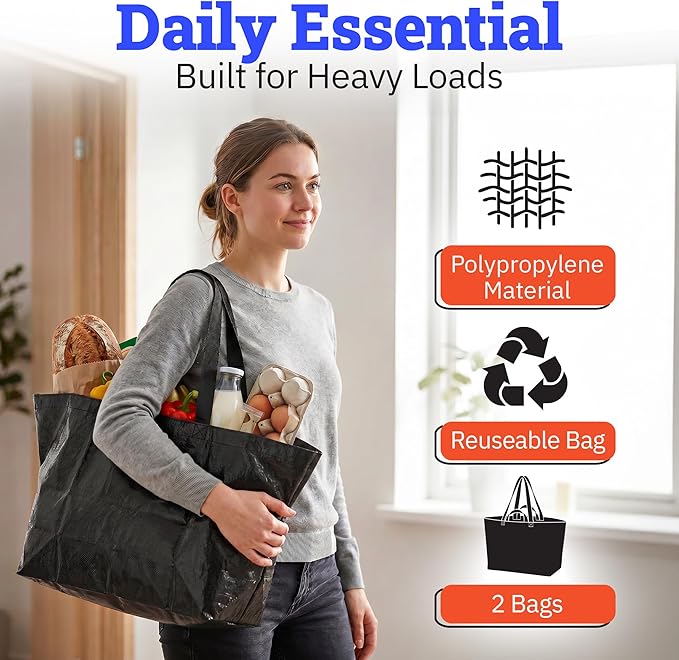 DURASACK Haul-It-All Extra-Large Reusable Shopping Bag – Heavy Duty Open-Top Tote with Handles, 18-Gallon Capacity,Black, Pack of 2