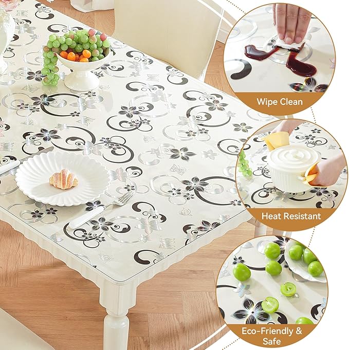 LovePads Floral Clear Table Cover Protector - 42 x 96 Inch Thick Plastic Table Cloth, Waterproof PVC Desk Mat for Dining Room Table, Wood Furniture Topper, Anti-Scratch Desk Pad for Kids Writing,