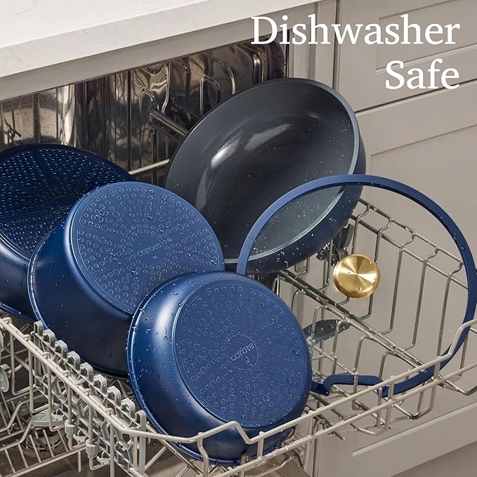 CAROTE Blue&Gold Ceramic Cookware Set Non Toxic, PFAS Free,15Pcs Pots and Pans Set Non Stick Detachable/Removable Handle,Kitchen Cooking Set Dishwasher Safe, Nonstick Pot and Pan, Induction Cookware