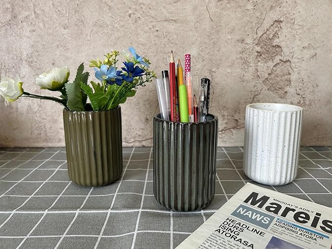 TOPYOKK Stoneware Coffee Bar Utensil Holder Tea & Coffee Spoon & Stirrer Holder for Stir Stick Straw Teaspoon Holder Spoon Cup Small Utensil Jar Fluted Vertical Stripe (Bronze)