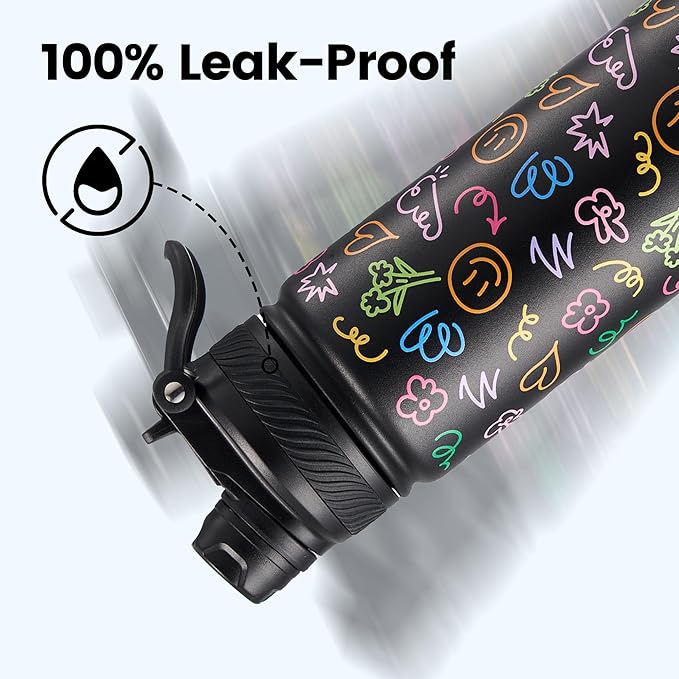 Fijinhom 24 oz Insulated Water Bottle, 2-in-1 Straw and Spout Lid Stainless Steel Thermos, Leak-Proof, Double Wall Vacuum Flask, Keep Cold 24H for Outdoor, Sports, Travel, School (Graffiti)