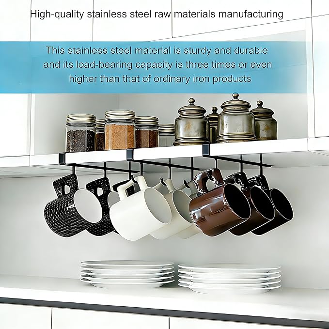 Nailless Fixed Coffee Cup Storage Rack - Hanger for Storing Cooking Utensils - Cabinet-Style Storage Rack for Kitchen Coffee Bar Accessories - Stainless Steel Storage Hook - Black