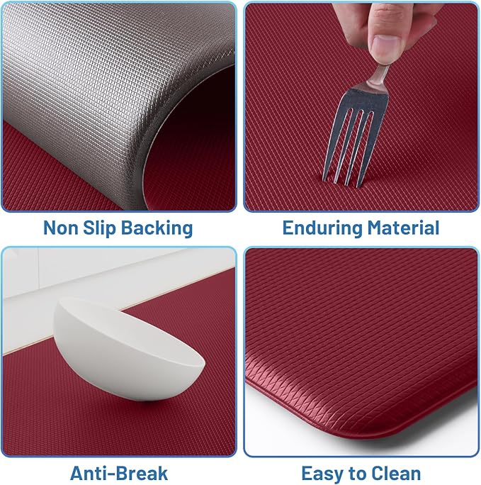 StepLively Kitchen Mat, 2 PCS Kitchen Rugs, Cushioned Kitchen Mats for Floor, Anti Fatigue Kitchen Rug Set, Non-Skid Standing Mat for Kitchen, Office, Sink, 17.3"x30"+17.3"x70", Red