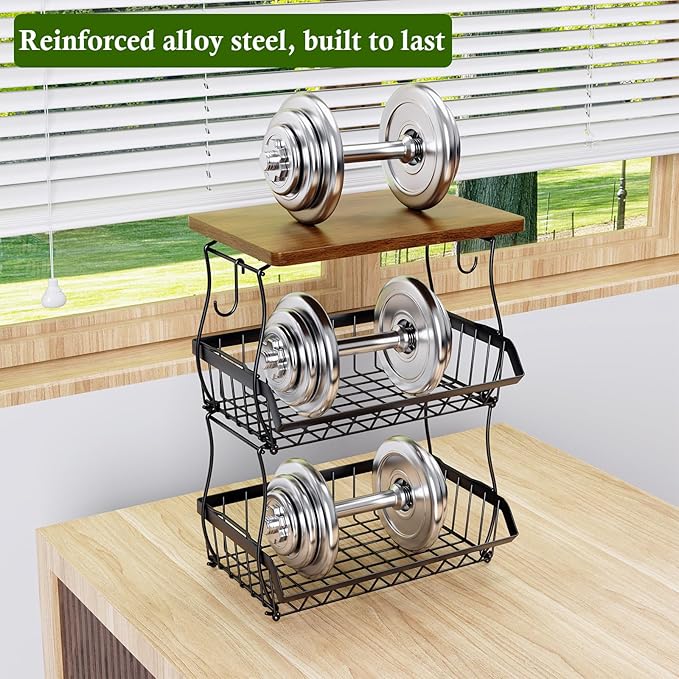 OKZEST 3-Tier Fruit Basket for Kitchen Counter with Banana Hangers, Countertop Organizer Fruit Bowls with Wood Top, Fruit Storage Basket Stand for Storage Potato Onion Bread Snack Fruit Veggie