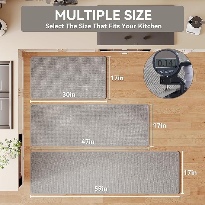 Kitchen Mats for Floor, Super Absorbent Kitchen Rugs Non Slip Washable, Soft Imitation Linen Braided Kitchen Runner Rug, Standing Mat Kitchens Sink Mat, Easy to Clean, Gray 17x95