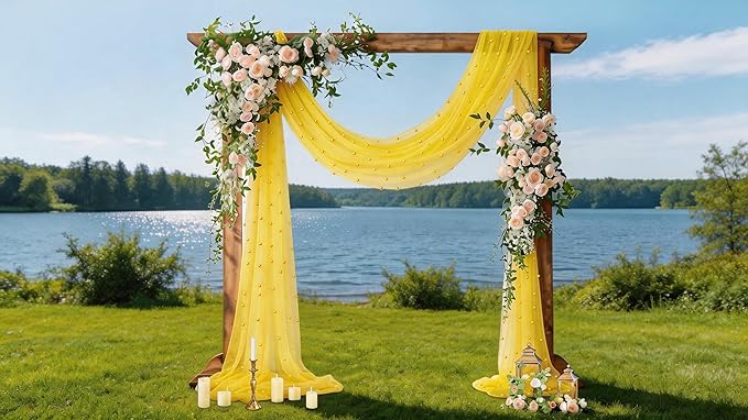 Socomi Pearl Table Runner Yellow Summer Wedding Arch Draping Fabric 19FT Sheer Tulle Chiffon Gauze Cheese Cloth Outdoor Drapes for Birthday Party Baby Shower Bridal Engagement Decor