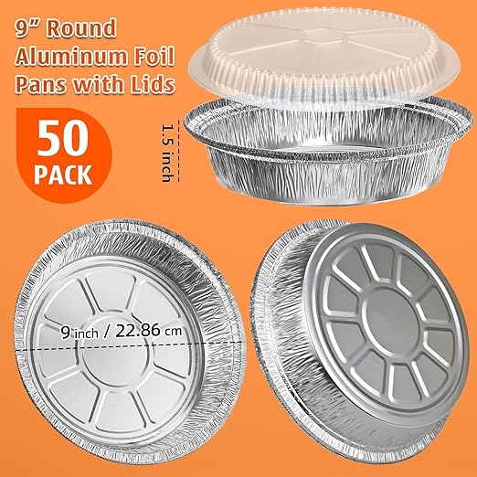 50 Pack 9" Round Aluminum Pans with Clear Lids, Pie Tins Disposable Foil Pans with Lids, Take Out Containers, Freezer Oven Safe Aluminum Baking Pans for Storing, Baking, Meal Prep & Reheating