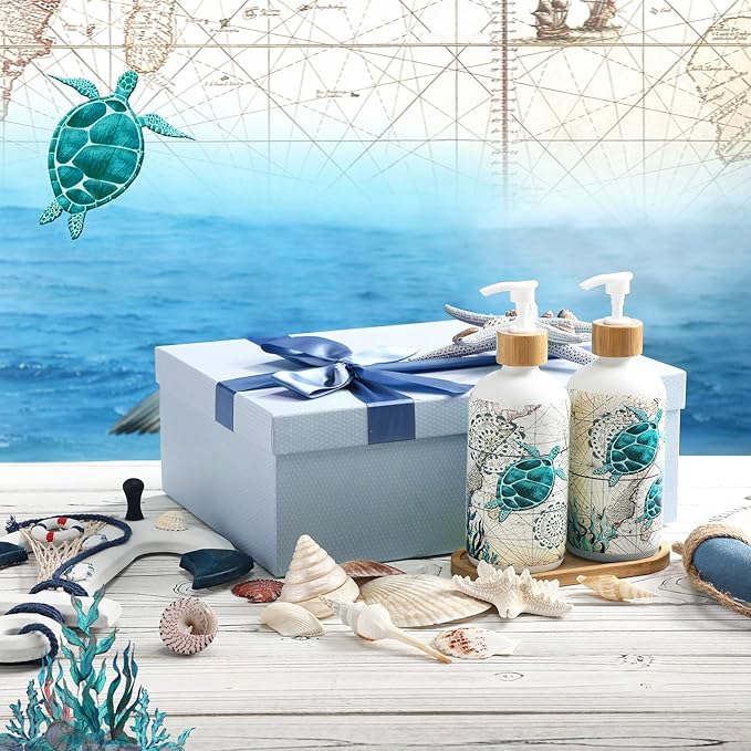 Potchen 2 Pack Glass Soap Dispenser Set Bathroom Decor Housewarming Gift Glass Soap Dispenser with Pump Wood Tray Home Decoration for Kitchen Bathroom(Sea Turtle)