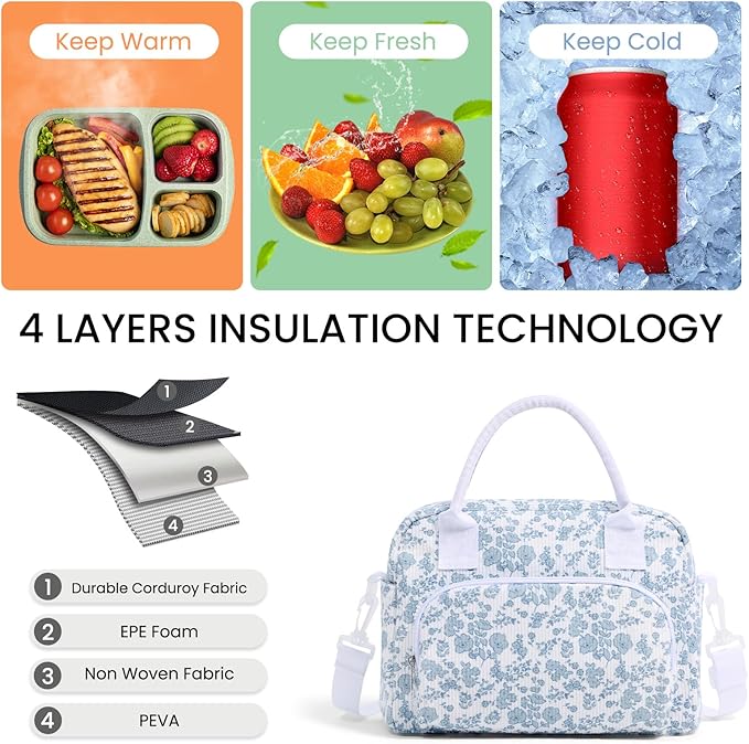 MAMONA Lunch Bag for Women Men Large Capacity Reusable Lunch Box Corduroy Insulated Cooler Tote Bags for Office Picnic