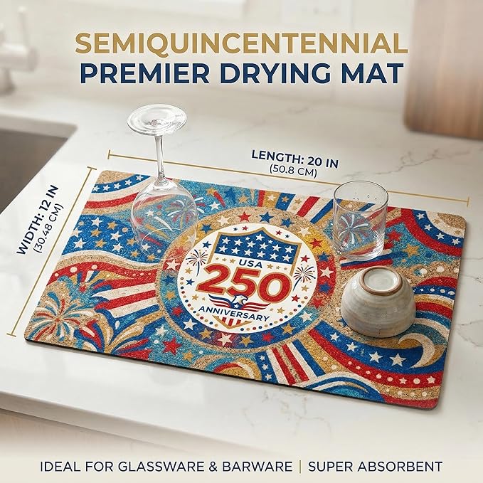 250th Anniversary USA Patriotic Dish Drying Mat 12x20 Absorbent Non-Slip Kitchen Bar Mat, Bold Eagle American Flag Stars Fireworks Freedom Decor for Memorial Day, 4th of July & USA 250 Celebration