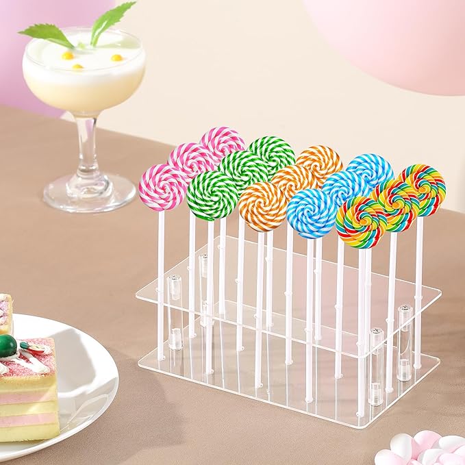 HENABLE 2 Pack Cake Pop Stand with Sticks & Wrappers, 15 Holes Acrylic Cake Pops Holder Disply, Clear Cake Pops Sticks Kit, Lollipop Hold Stand for Drying, Dessert Table, Party Supplies