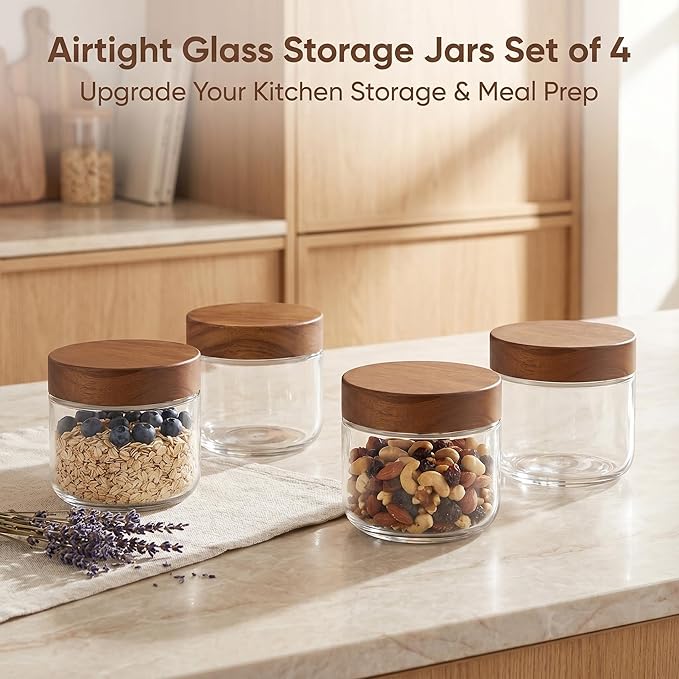 Danmu 8 oz Overnight Oats Containers with Lids,Salad Jar,Glass Jar with Wooden Lid 4 Pack,Mason Jars 8 oz with Lids for Snack,Overnight Oats,Meal Prep,Yogurt,Parfait,Soup,Salad 100% Leak-proof