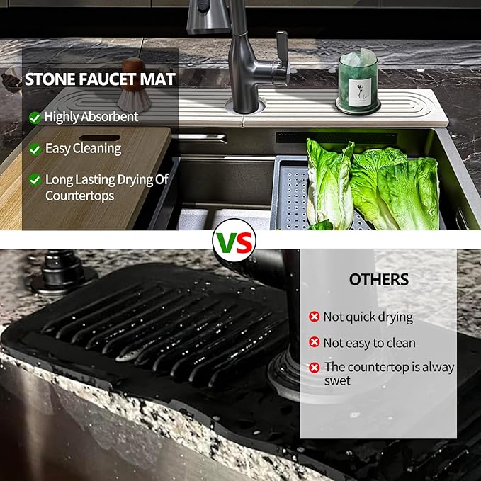 Stone Faucet Mat For Kitchen Sink, Kitchen Faucet Absorbent Mat, Kitchen Sink Splash Guard Stone, Super Absorbent, Diatomite Faucet Mat For Bathroom Counter (White)