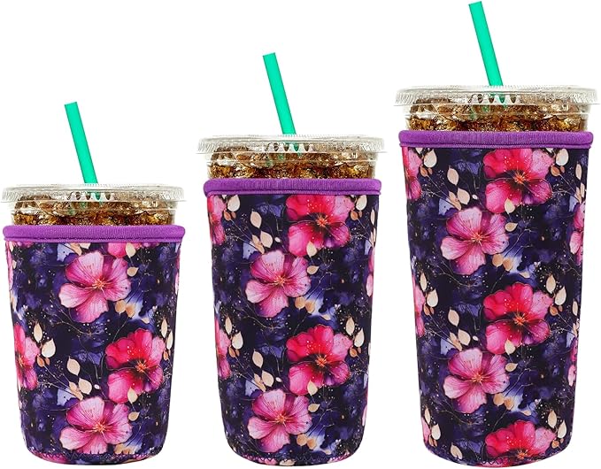 YR Reusable Neoprene Insulator Sleeve for Iced Coffee Cups, 3 Pack Coffee Coolies sleeves for Iced & Hot Drinks, Cold Beverage Cooler Compatible with Starbucks Coffee and More (Fuchsia Floral)