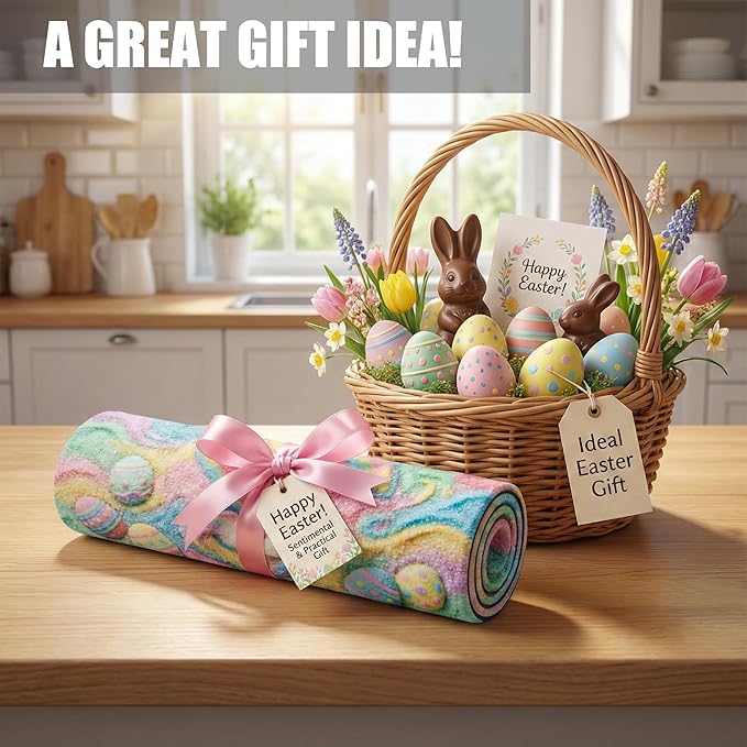 Pastel Rainbow Easter Dish Drying Mat: 12’’x20’’ Easter Smiling Bunny & Decorated Eggs Design Absorbent Non-Slip Counter Protector - Spring Holiday Kitchen Bar Coffee Mat Station Pad