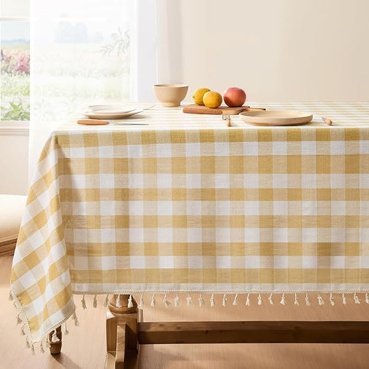 Softalker Checkered Tablecloth Square, Outdoor Linen Cotton Gingham Table Cloth with Tassel, Heavy Duty Wrinkle Free Buffalo Plaid Table Cover for Kitchen Dining Summer Party - 55 x 55 Inch, Yellow
