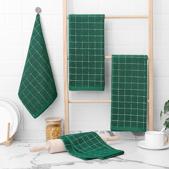 Homaxy 100% Cotton Terry Kitchen Towels(Dark Green, 13 x 28 inches), Checkered Designed, Soft and Super Absorbent Dish Towels, 5 Pack