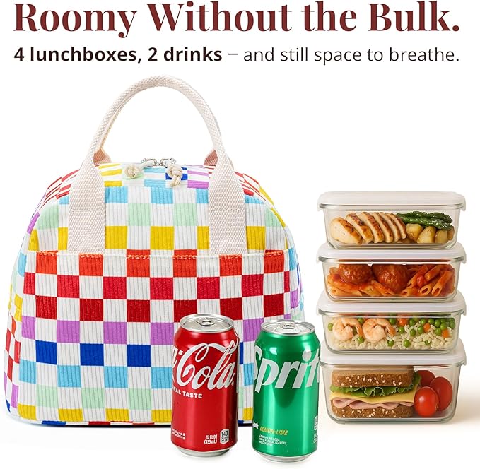 LOVELYWIND Insulated Lunch Bag for Women Men, Stylish Corduroy Tote Bag with Aluminum Lining, Large Capacity Reusable Cooler for Work, Travel, or Beach, Rainbow Plaid Lunch Box