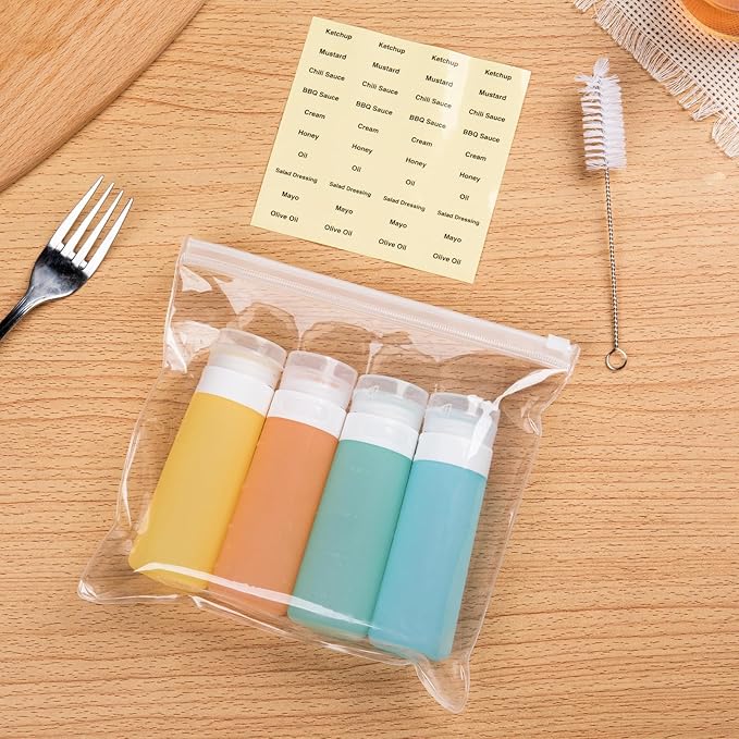 MICEBAY Condiment Squeeze Bottles for Sauces, 3-oz Mini Silicone Salad Dressing Container to Go with Reusable Sandwich Bag, Leakproof Sauce Bottle for Bento Lunch Box, 4 Pack, Candies