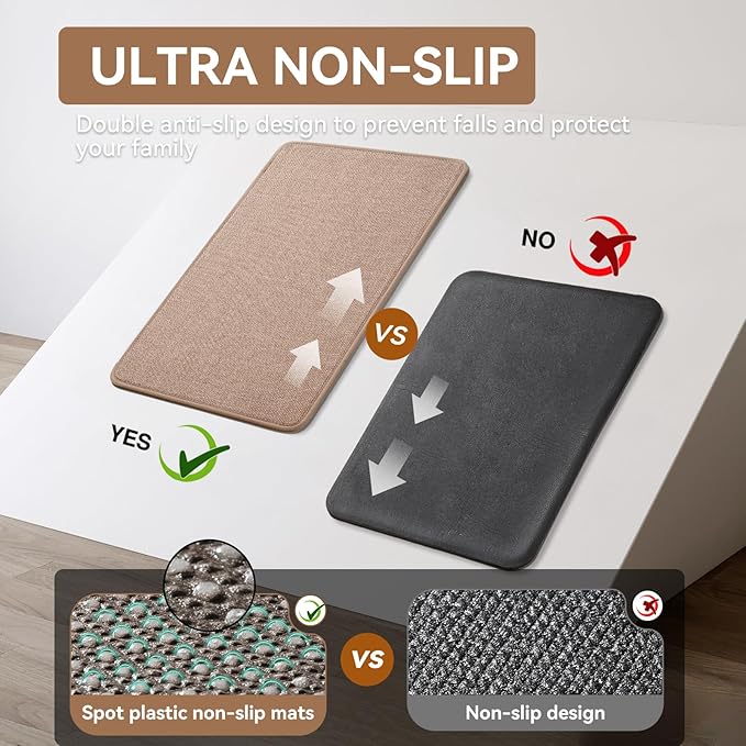 Kitchen Mat Kitchen Rugs Sets of 2 PCS Non Slip Washable, Linen-Like 0.3" Thick Cushioned Absorbent Kitchen Mats for Floor, Mild Anti-Fatigue Sink Laundry Standing Mat, Brown 17"x30"+17"x47"