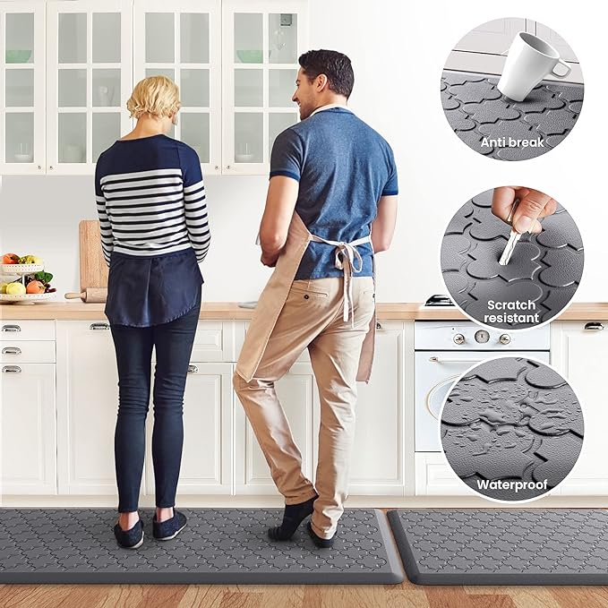 Kitchen Mat [2 PCS] Cushioned Anti-Fatigue Floor Mat Water Resistant Non-Skid Kitchen Mats and Rugs Ergonomic Comfort Foam Kitchen Rugs Standing Mat for Floor Office Sink(Grey,17.3"x28"+17.3"x60")