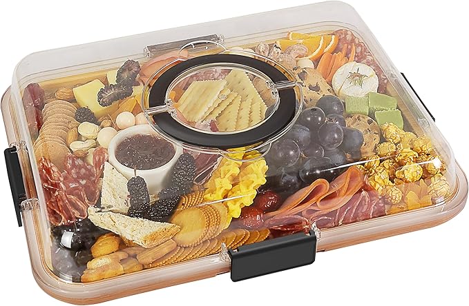 Renmxj Charcuterie Board with Clear Lid, Travel Portable Cheese Board Charcuterie Boxes Cutting Boards for Kitchen, House Warming Gifts New Home, Gifts for Women (Black, 4 Compartments)