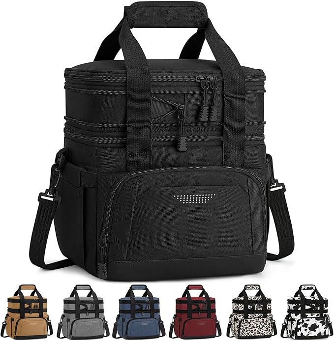 Vankor Lunch Box for Men Women, Large Double Layer Insulated Lunch Bag Tote Expandable Leakproof Waterproof Cooler Bag with Adjustable Shoulder Strap for Work Office Picnic Travel, Black