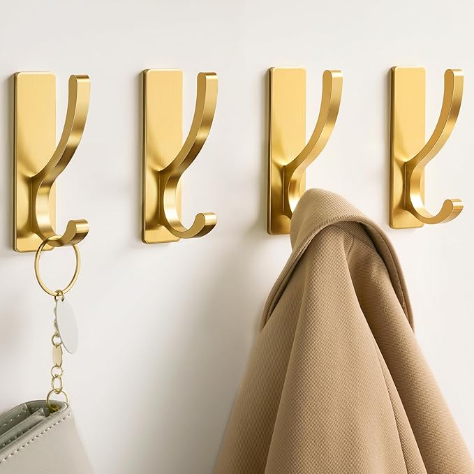 pickpiff Adhesive Wall Hooks for Towels - Sticky Hook Hanging Heavy Duty (13lb), Hanger for Door, Bathroom, Dorm, Closet - for Coats, Purse, Bag, Robe - No Damage to Wall - Gold 10 Pack