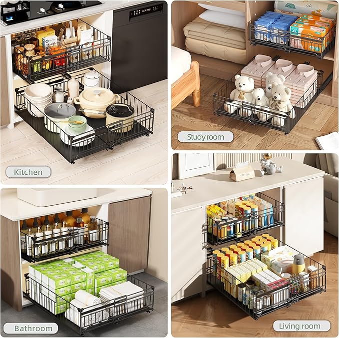 NETEL 2 Pack Expandable Pull Out Cabinet Organizer, Raised 6.69" guardrail, Adjustable Width 12.99"-20.07", 20.86" Depth Pull Out Cabinet Organizer, Adhesive Pull Out Drawers for Cabinets, Black