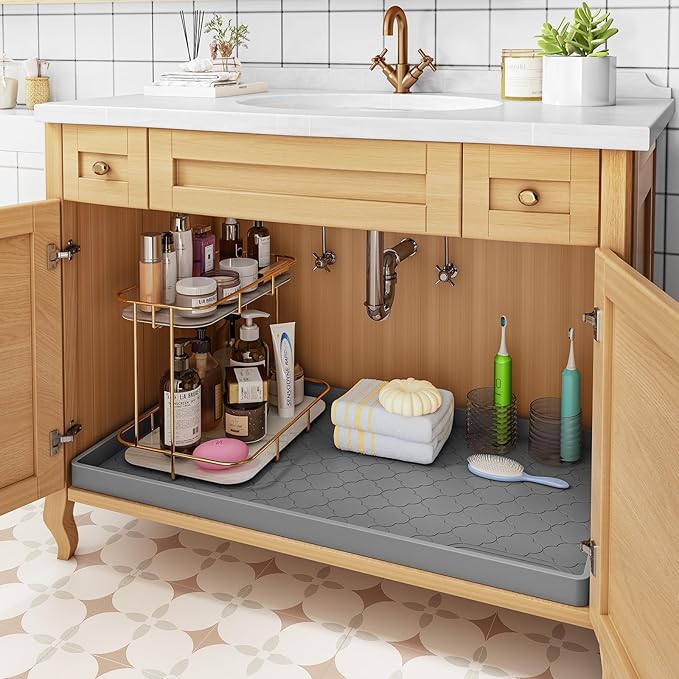 Jin&Bao Waterproof Under Sink Mat 25" x 19", Thick Silicone Mat Cabinet Protector for Kitchen and Bathroom, Shelf Liner, Home Organizer and Storage, Multipurpose Tray for Gadgets and Essentials